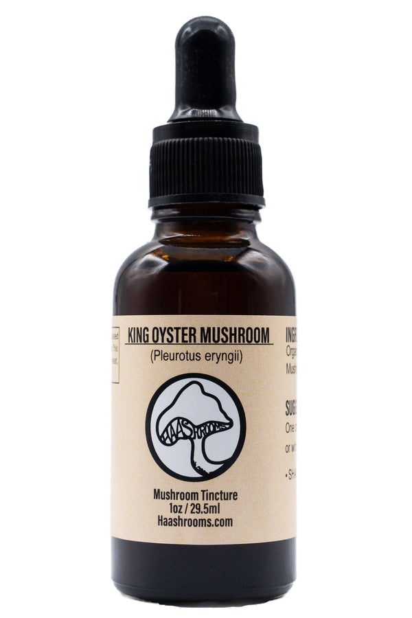 Bottle of King Oyster Mushroom tincture with a dropper on a white background