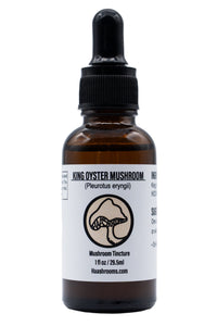 A dropper bottle labeled King Oyster Mushroom (Pleurotus eryngii) Mushroom Tincture, with a yellow and white design.