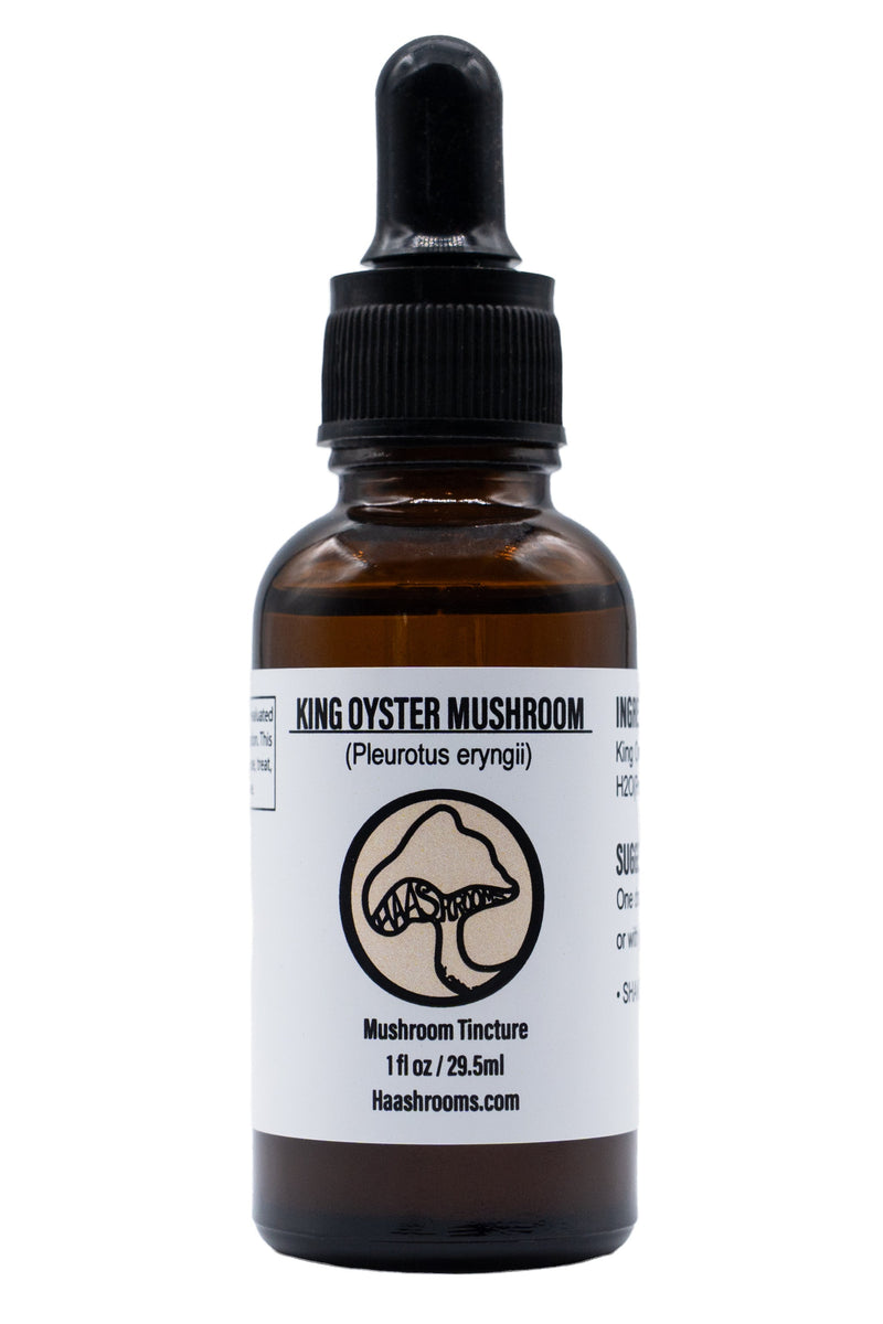 A dropper bottle labeled King Oyster Mushroom (Pleurotus eryngii) Mushroom Tincture, with a yellow and white design.