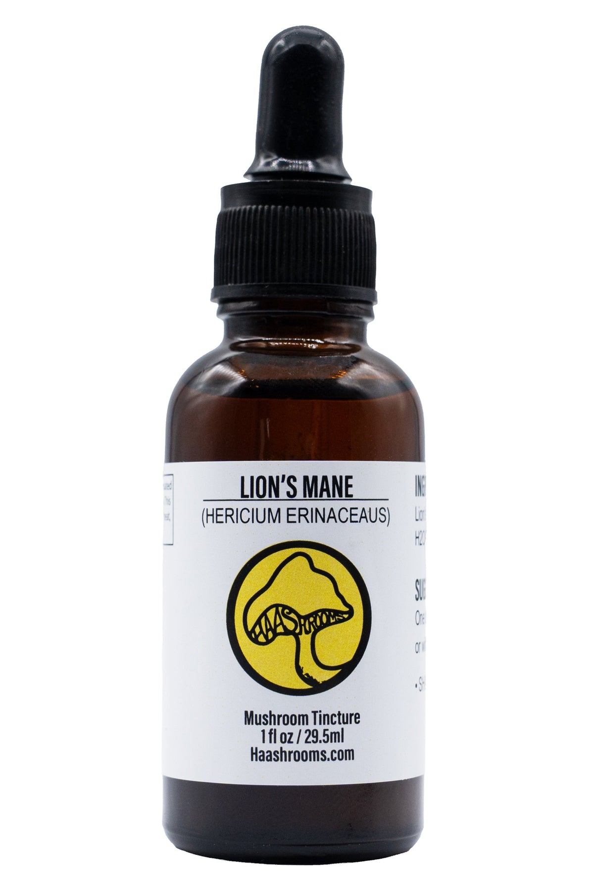 Bottle of Lion's Mane mushroom tincture with a yellow label on a white background