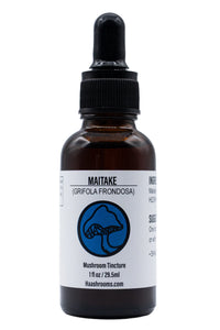 A dropper bottle labeled Maitake (Grifola Frondosa) Mushroom Tincture, with a blue and white design.