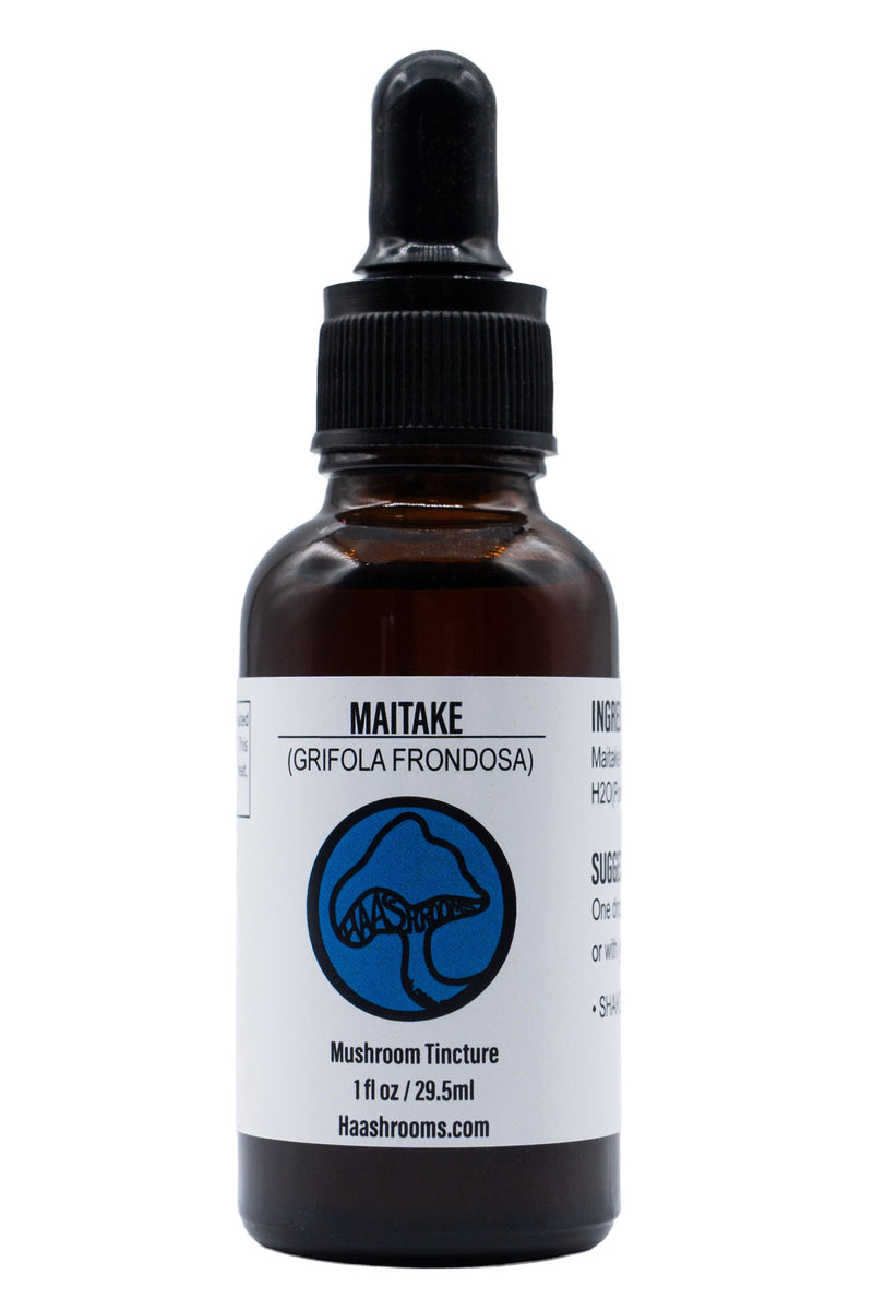 A dropper bottle labeled Maitake (Grifola Frondosa) Mushroom Tincture, with a blue and white design.