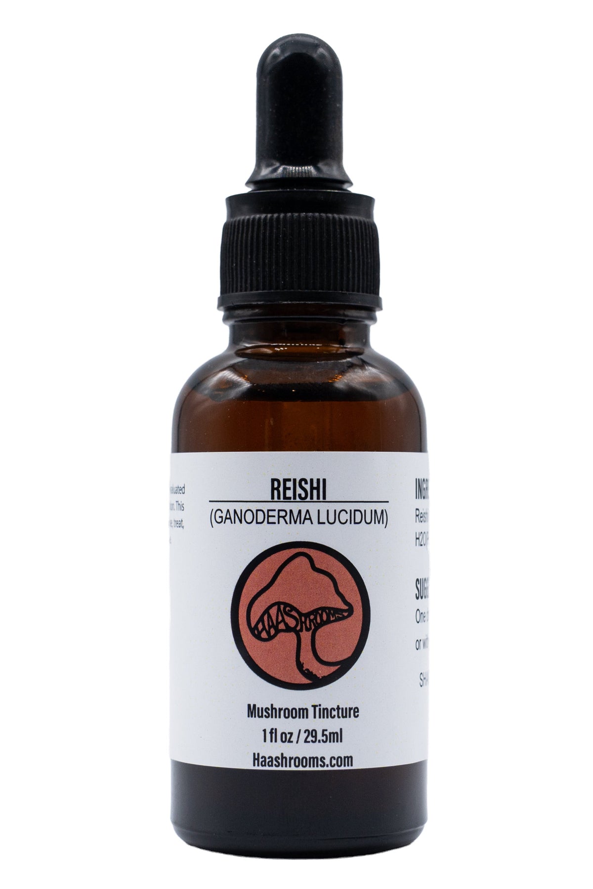 1 Ounce brown glass bottle with dropper labeled 'Reishi' or Ganoderma Lucidum on a white background