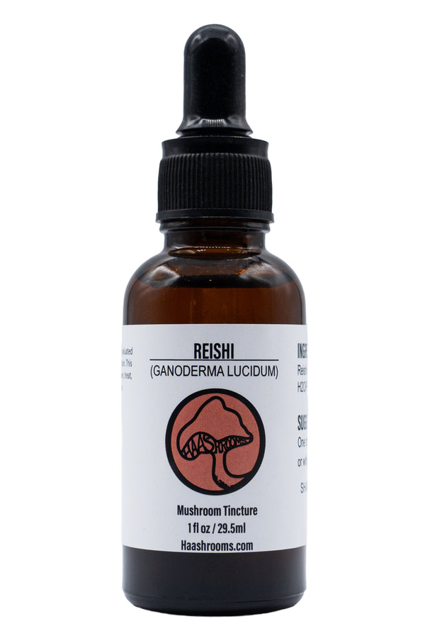 1 Ounce brown glass bottle with dropper labeled 'Reishi' or Ganoderma Lucidum on a white background