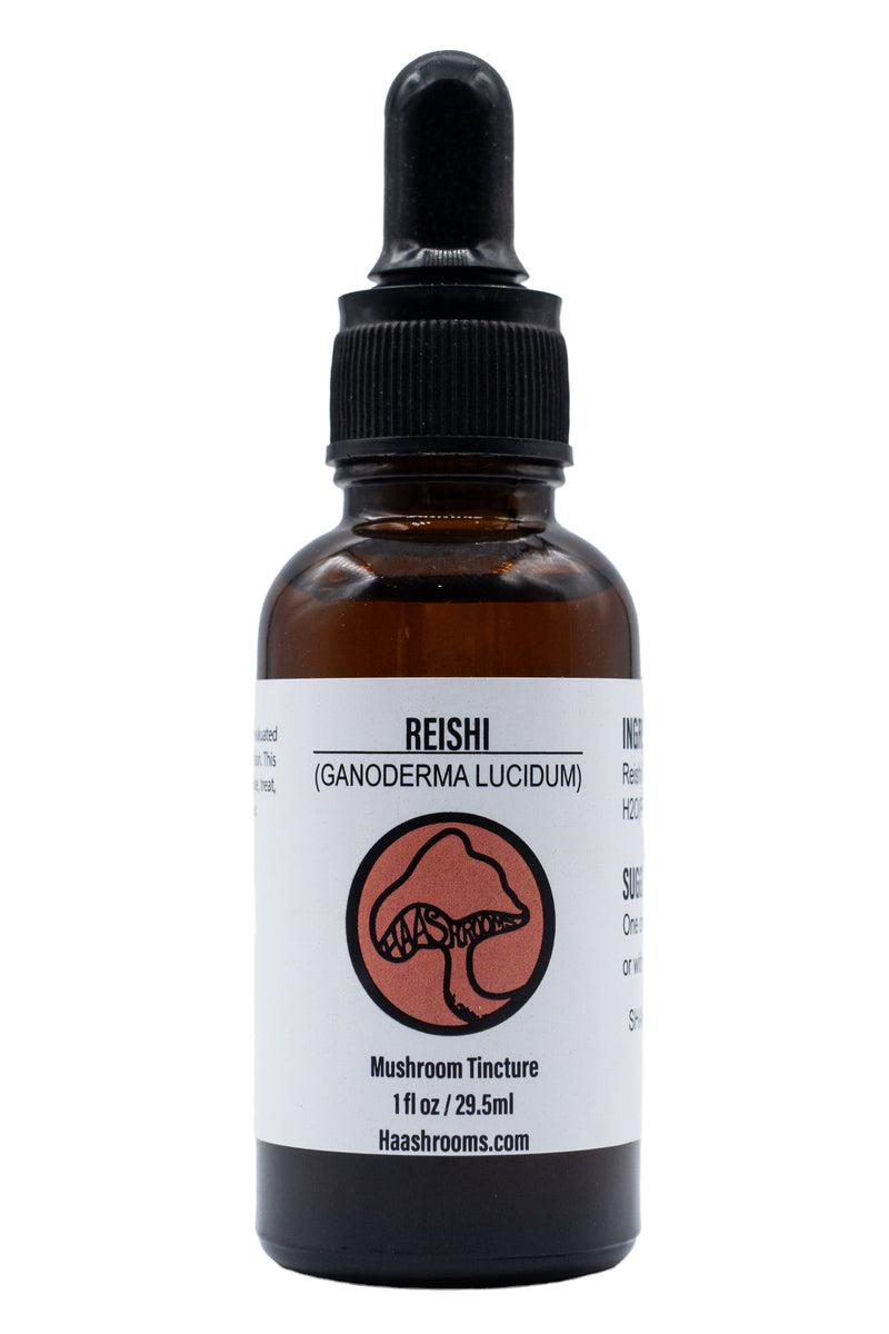 1 Ounce brown glass bottle with dropper labeled 'Reishi' or Ganoderma Lucidum on a white background