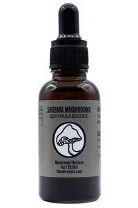 A dropper bottle labeled Shiitake Mushrooms, containing a tincture made from shiitake mushrooms.