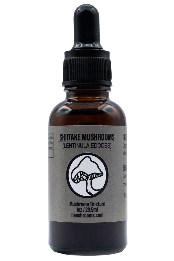 A dropper bottle labeled Shiitake Mushrooms, containing a tincture made from shiitake mushrooms.
