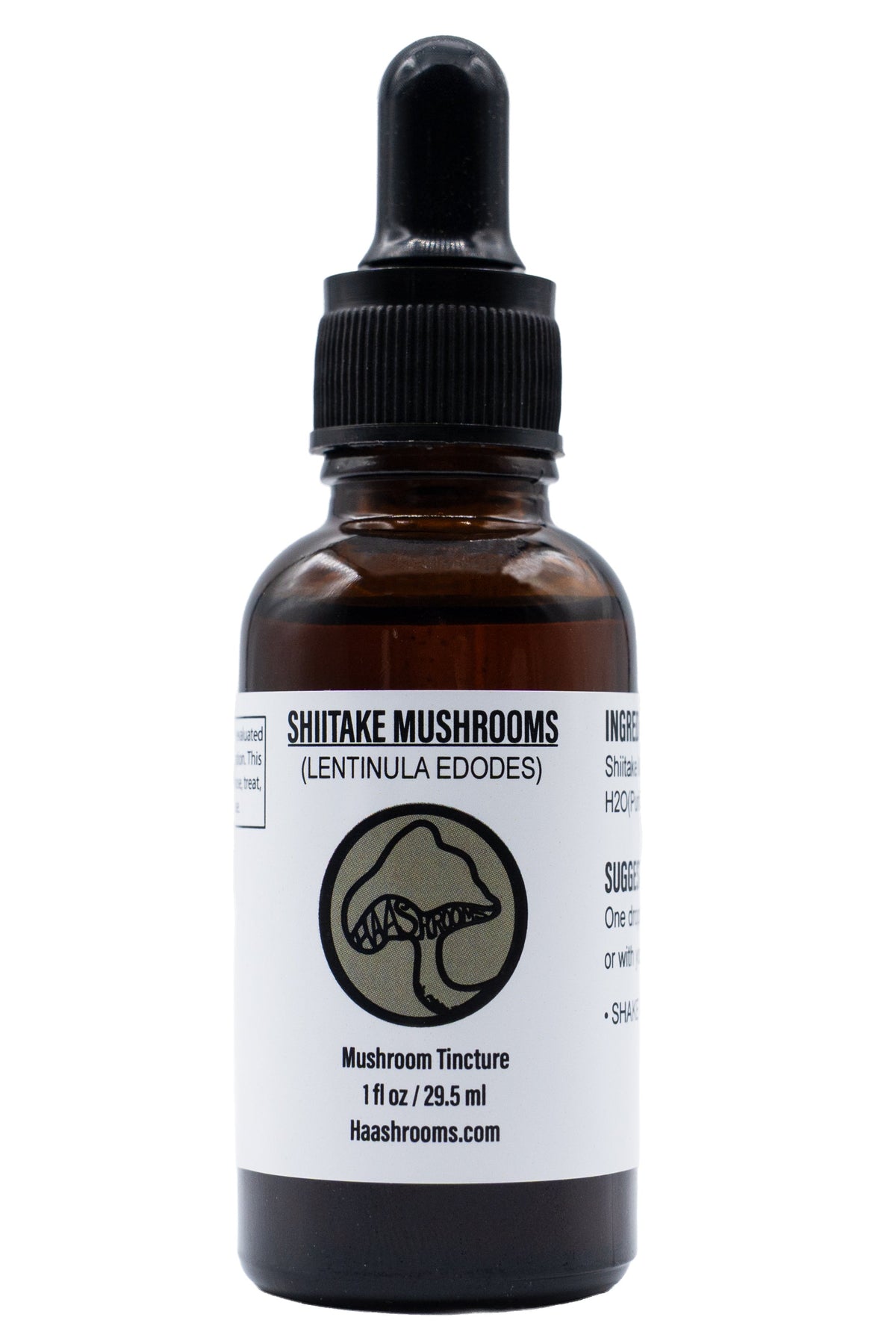 A dropper bottle labeled Shiitake Mushroom Tincture, with a description of 1 fl oz, indicating it's a product to support immunity.