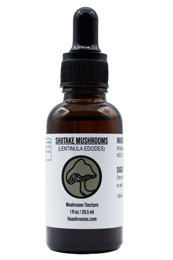 A dropper bottle labeled Shiitake Mushroom Tincture, with a description of 1 fl oz, indicating it's a product to support immunity.