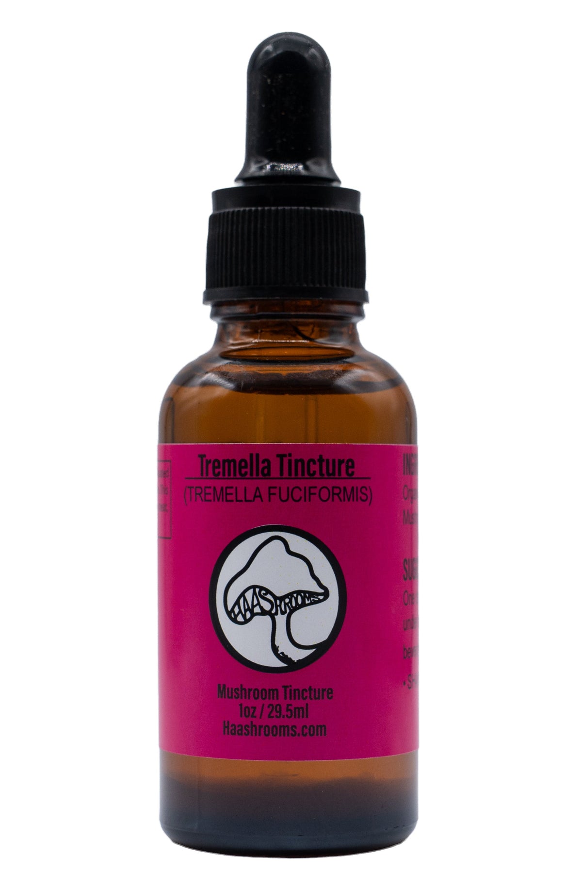 A dropper bottle labeled Tremella Tincture with a pink and white label, containing a mushroom extract. The bottle is amber-colored with a black dropper.
