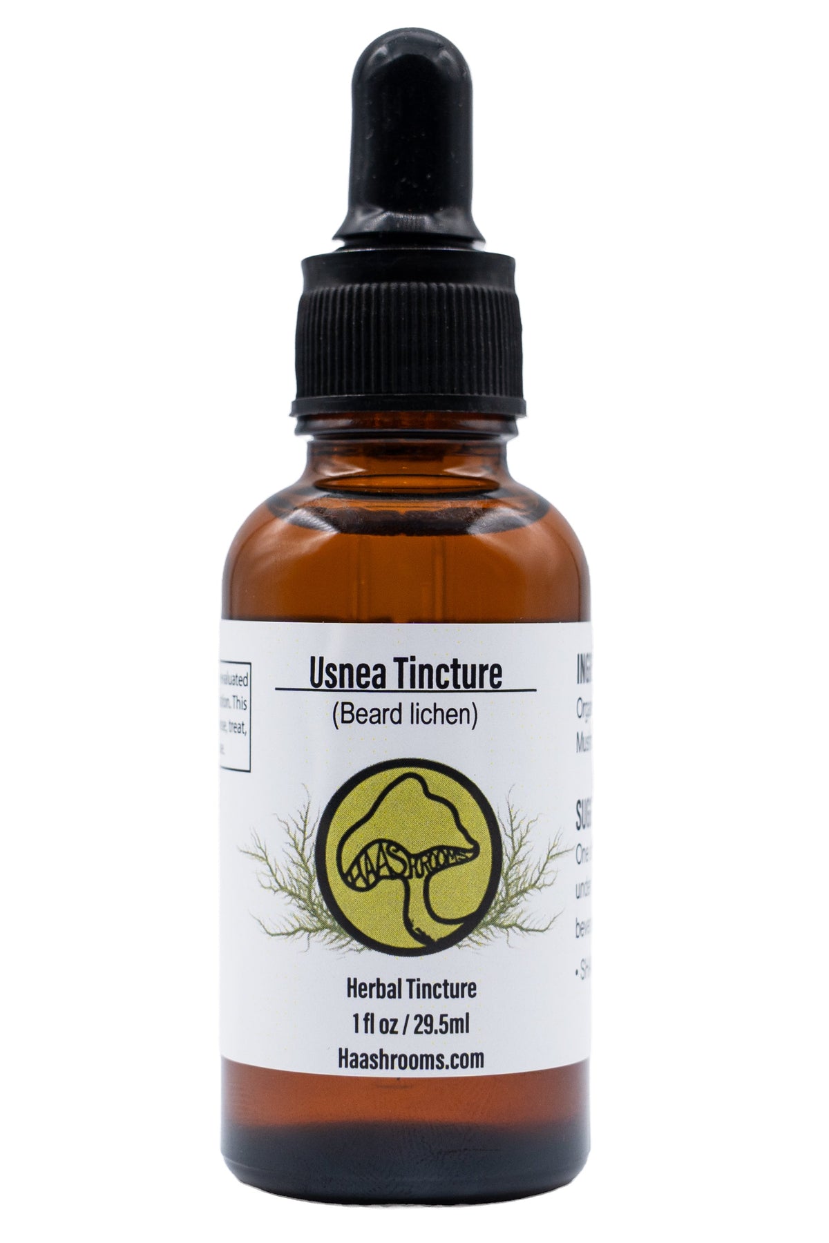 Bottle of Usnea Tincture with dropper on a white background